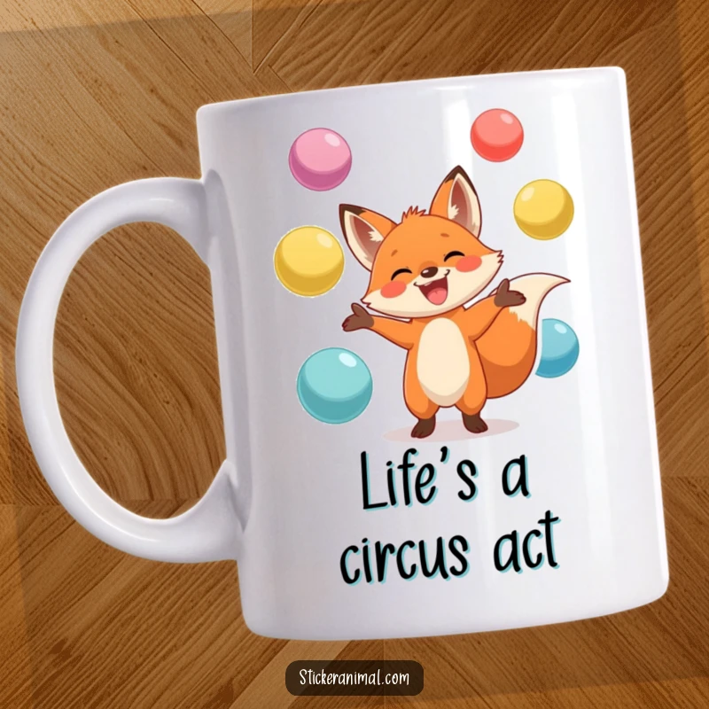 Funny mug with a joyful fox character grinning while expertly juggling large, colorful balls, showcasing playful talent and happiness.