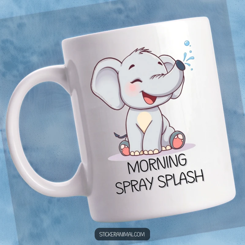Funny Mug: A cute, giggling elephant calf joyfully spraying water from its trunk in a playful splash.