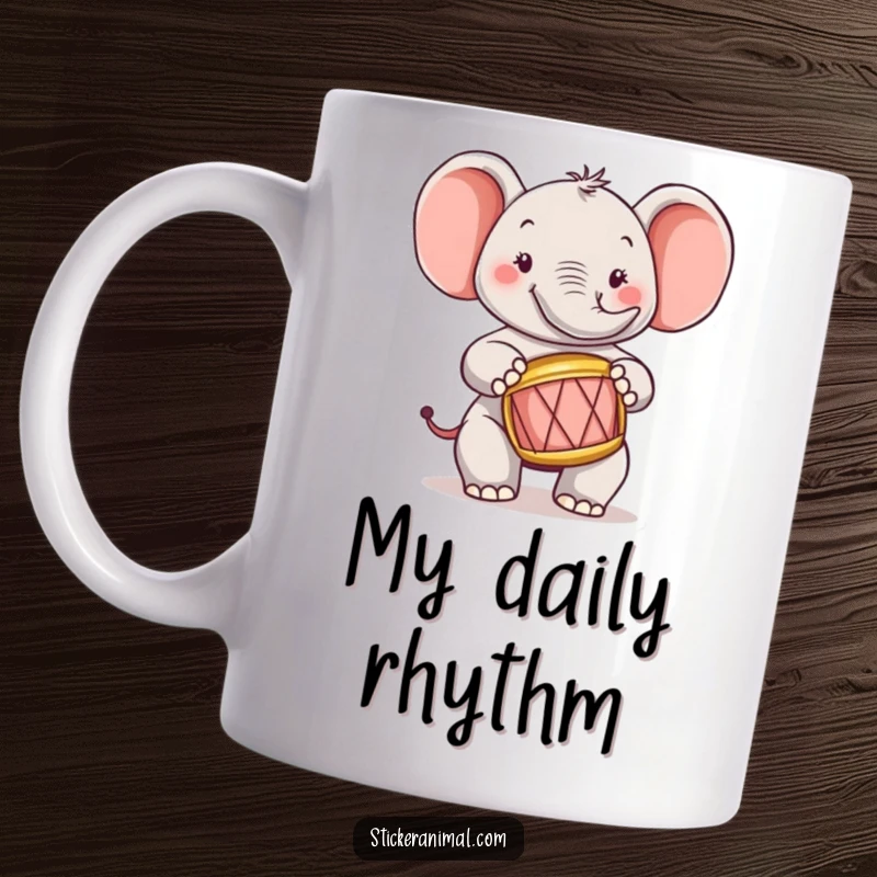 Funny elephant character joyfully playing a tiny drum, creating a charismatic and fun gift idea.