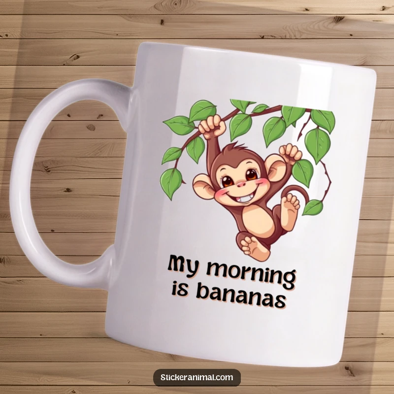 Funny Monkey Swinging Mug featuring a mischievous monkey character gleefully swinging from a vine with a wide, humorous grin.