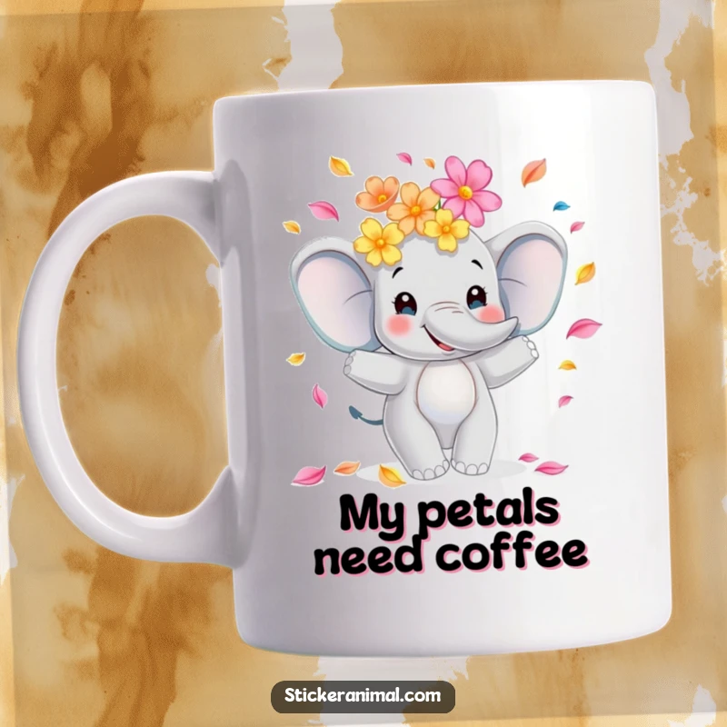 Funny elephant mug with a smiling face, expertly juggling a cascade of colorful flower petals in a joyful, graceful display.