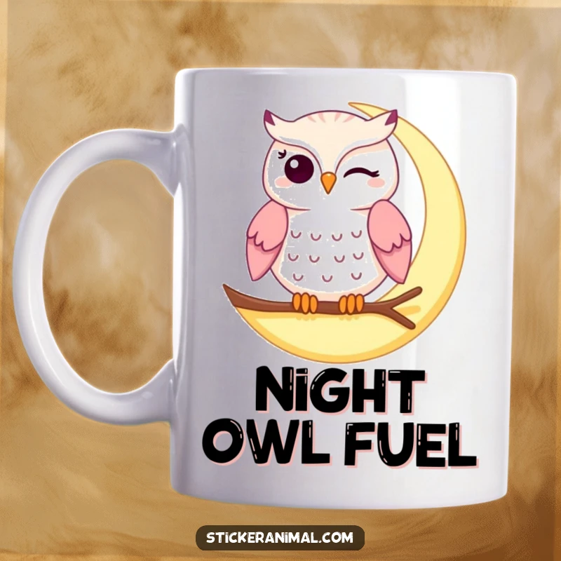 Funny winking owl mug featuring a wise owl playfully perched on a glowing crescent moon, ready to share a secret.