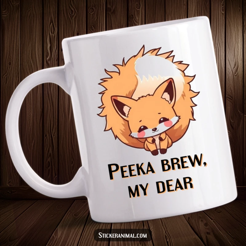 Funny Fox Peek Mug featuring a cheeky fox character slyly peeking out from behind its large, bushy tail with a playful glint.