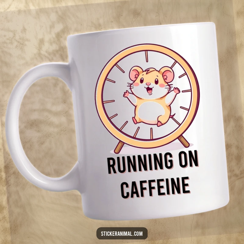 Funny hamster mug featuring a happy character running energetically inside a giant spinning wheel, full of motion and joy.