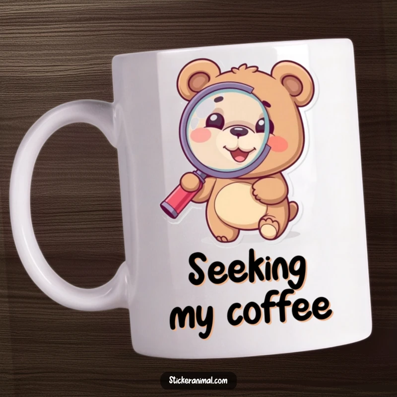 Funny Bear Mug: A happy bear holds a large magnifying glass, examining something with curious and humorous intent.