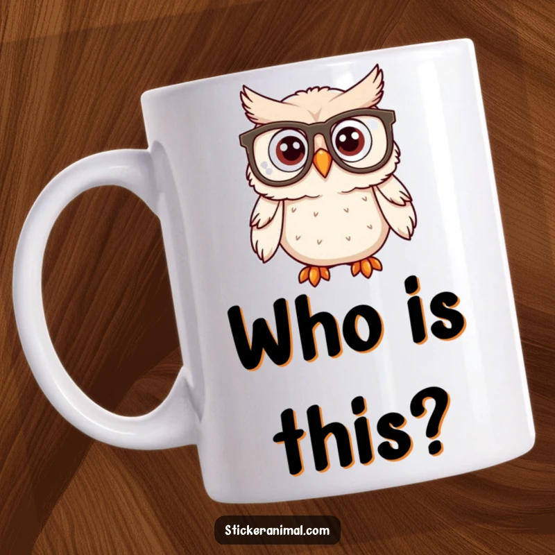 Funny surprised owl character with huge, oversized spectacles, captured on a ceramic mug for a humorous effect.