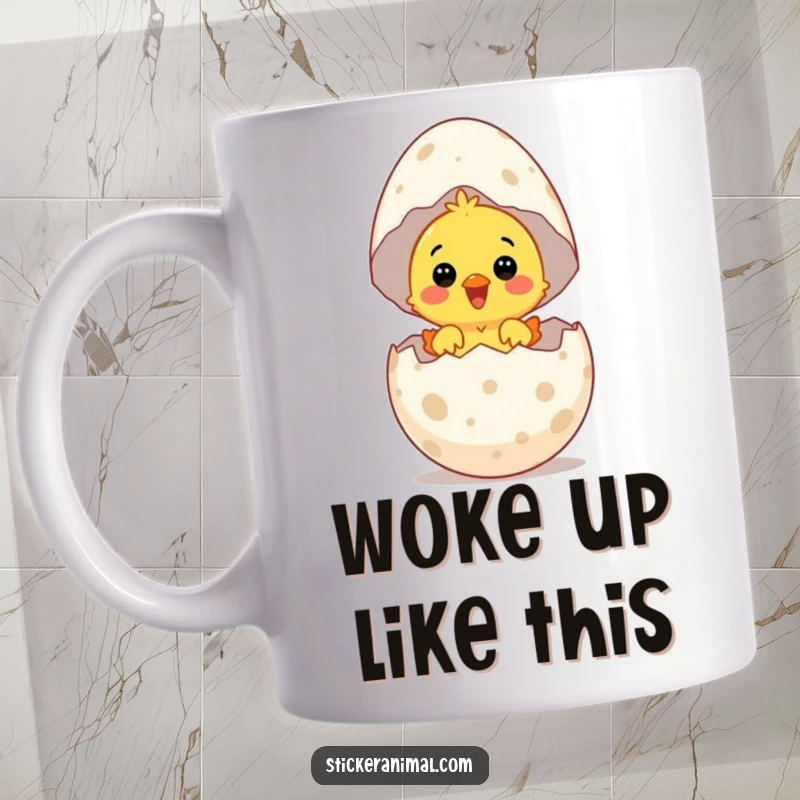 Funny mug with a surprised chick hatching from a giant speckled egg with wide-eyed delight, symbolizing new beginnings.