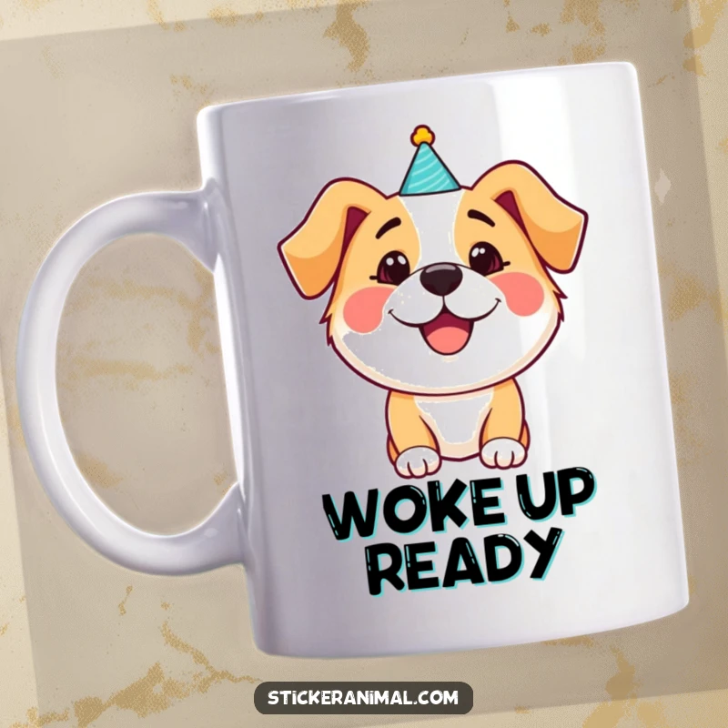 Funny happy dog wearing a tiny party hat on a mug, embodying pure celebration and joy, perfect for a funny gift.