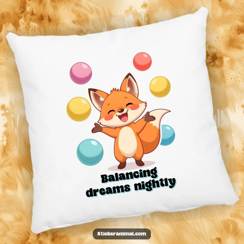 Funny pillow featuring a joyful fox with a wide grin, juggling large, colorful balls, adding a whimsical and cozy touch.