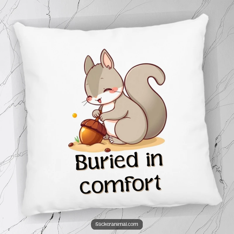 Funny pillow showcasing a mischievous squirrel burying an acorn, bringing a touch of playful nature indoors.