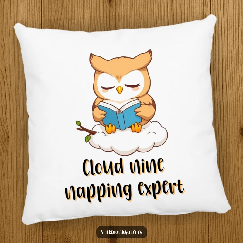 Funny owl book lover pillow with a cute owl character reading a book while resting on a cloud, conveying peacefulness.
