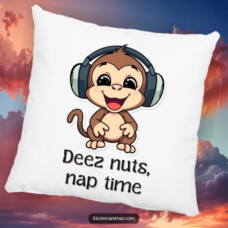 Funny pillow featuring a playful monkey character with oversized headphones, bopping its head to imaginary tunes.