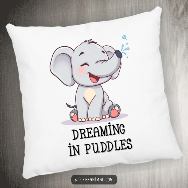 Funny Pillow: A cute elephant calf giggling while spraying water from its trunk, adding a soft, cheerful touch.