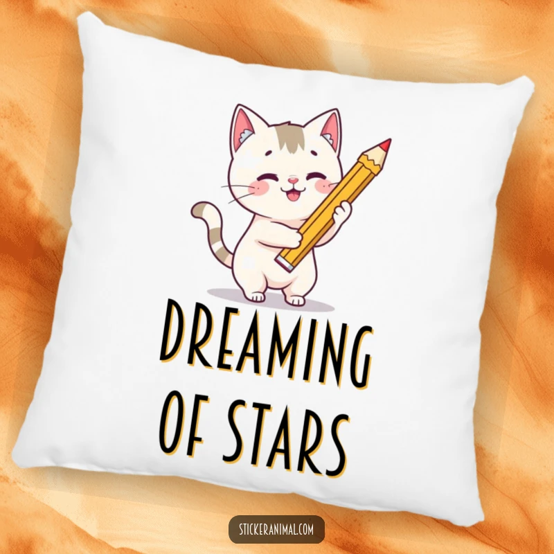 Funny cat artist pillow with a playful cat character drawing a star with a giant pencil, showcasing artistic focus and joy.