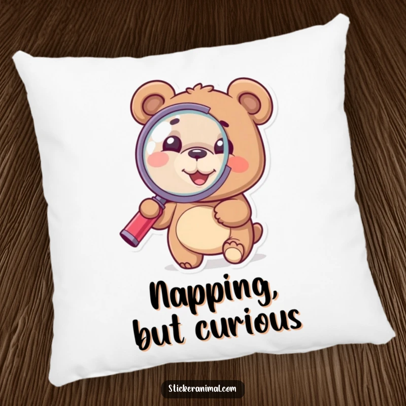 Funny Bear Pillow: A happy bear holds a magnifying glass, offering humorous comfort and detective-themed decor.