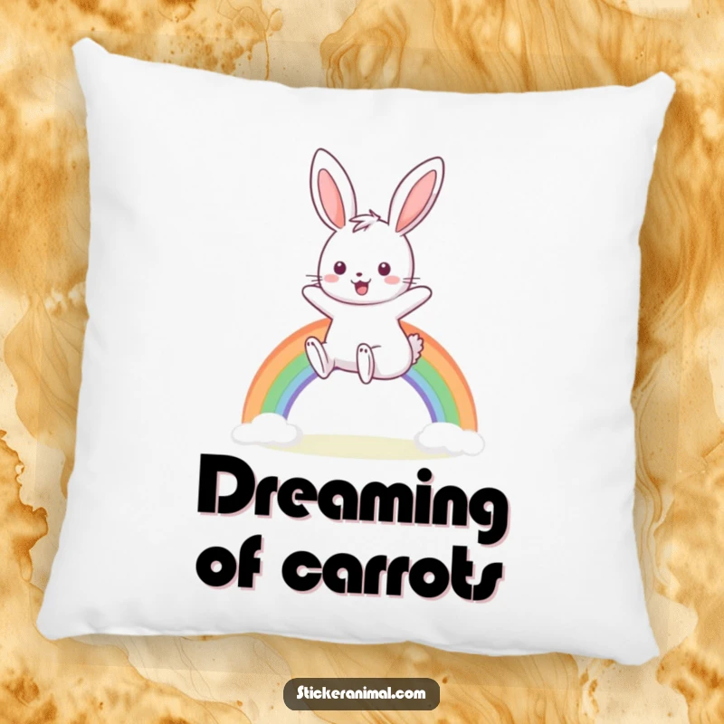 Funny pillow with a happy bunny hopping over a rainbow, offering cozy comfort and enchanting humor.