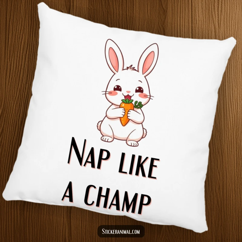 Funny pillow showing a happy rabbit holding a small carrot trophy, offering comfort and a reminder of success.