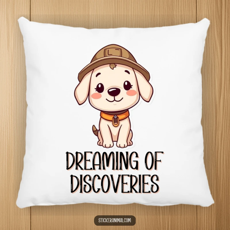 Funny pillow featuring a smiling puppy in an explorer hat, looking curiously, perfect for cozying up during imaginative adventures.