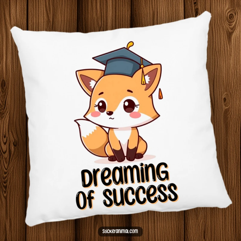 Funny pillow featuring a cute fox character in a graduation cap, mid-toss, adding a touch of humor and celebration to cozy spaces.