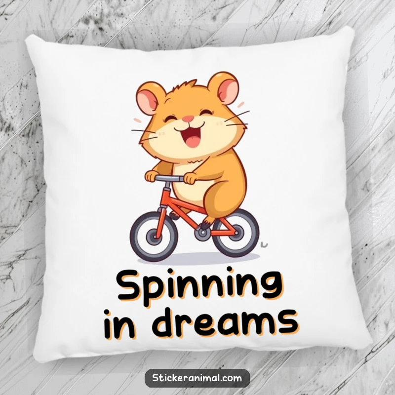 Funny pillow shows a grinning hamster character spinning rapidly on a tiny bicycle, perfect for cozy comfort.