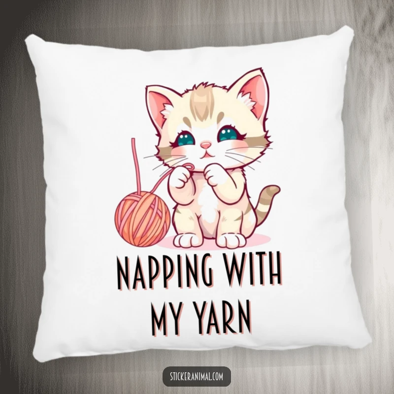 Funny curious kitten batting playfully at a dangling yarn ball, printed on a soft and plush pillow for ultimate comfort.