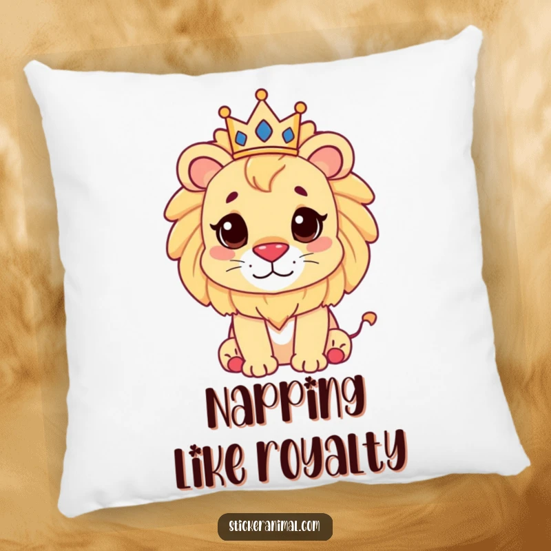 Funny cute lion character wearing a miniature crown on a soft pillow, adding a humorous and regal accent.