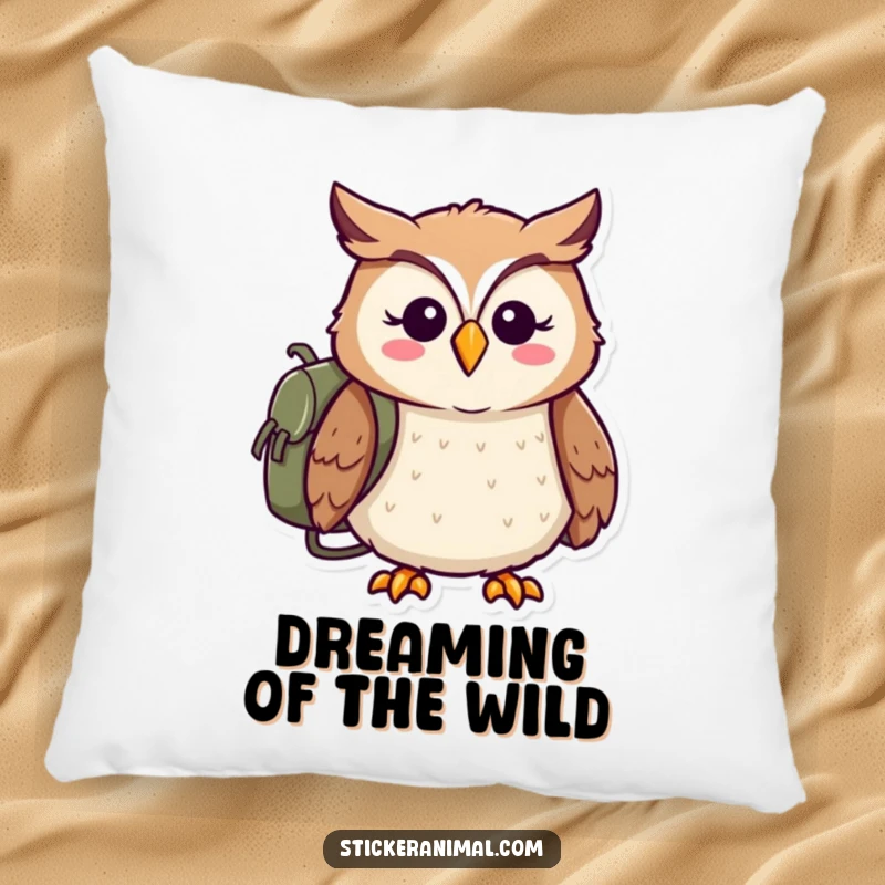 Funny pillow with a cheerful owl wearing a backpack, ready for adventure, offering soft comfort and whimsy.