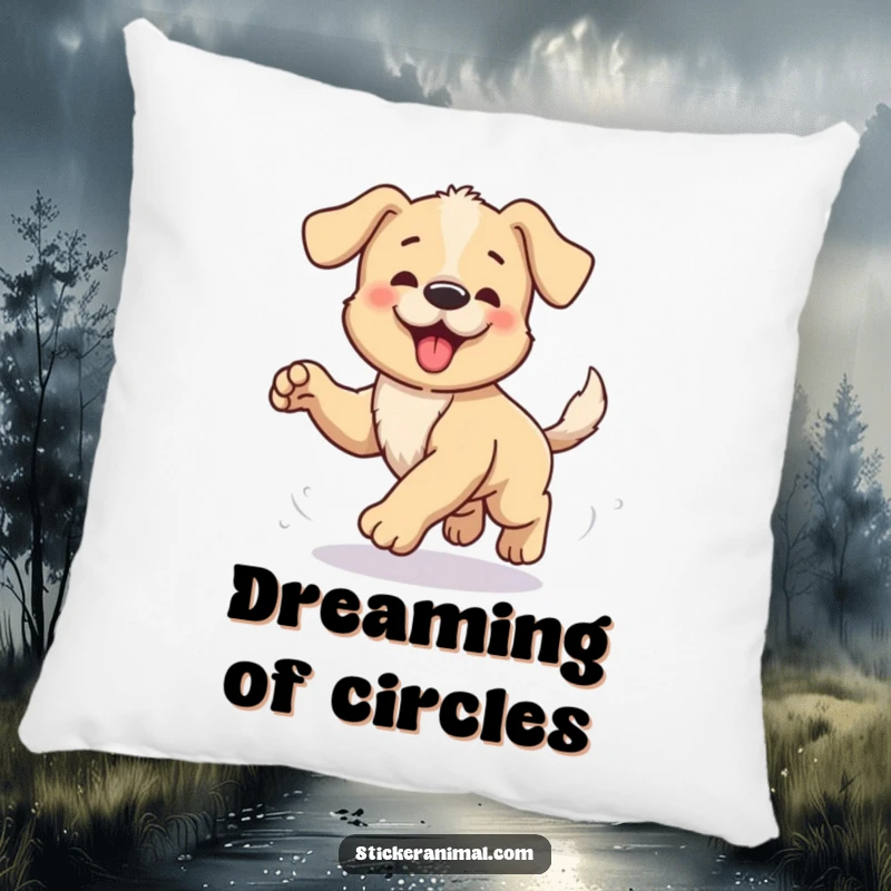 Funny pillow showcasing an adorable puppy in a dizzying, comical spin, hilariously attempting to catch its own tail, pure playful delight.