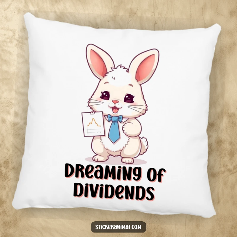 Funny throw pillow with a fluffy rabbit in a tie, enthusiastically presenting a tiny graph, adding a humorous touch to sofas.