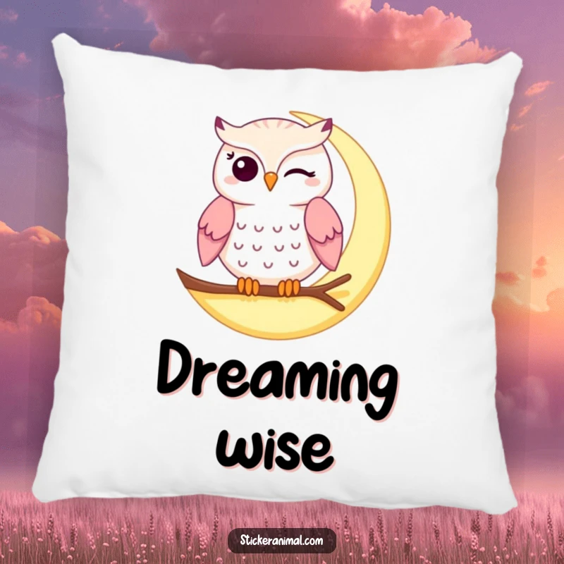 Funny winking owl pillow featuring a cute owl winking from a crescent moon, offering soft comfort and nocturnal humor.
