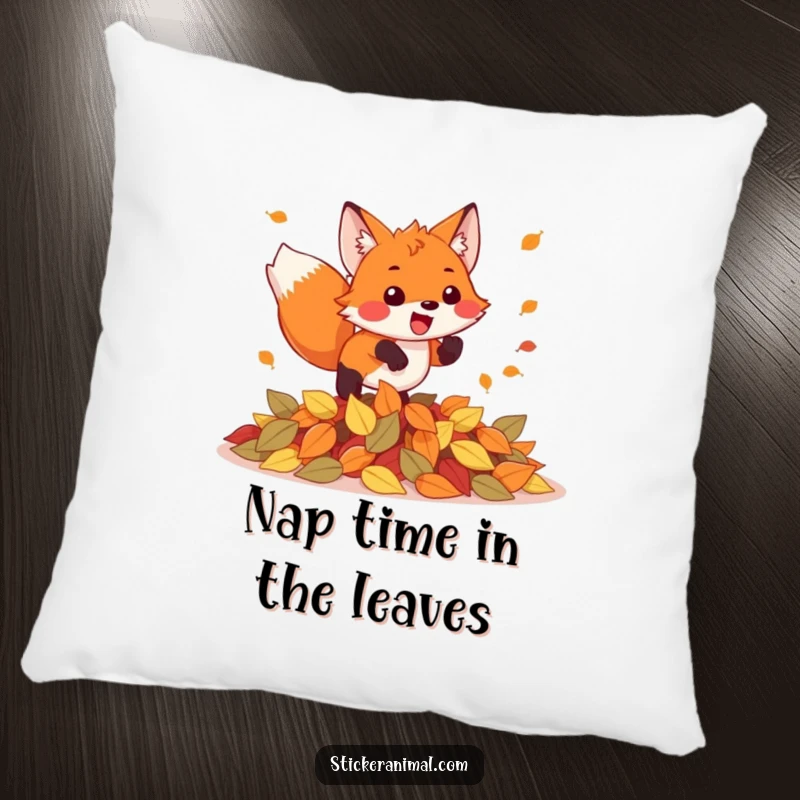 Funny pillow showcasing a gleeful fox diving happily into a fluffy pile of fallen autumn leaves, bringing warmth and humor.