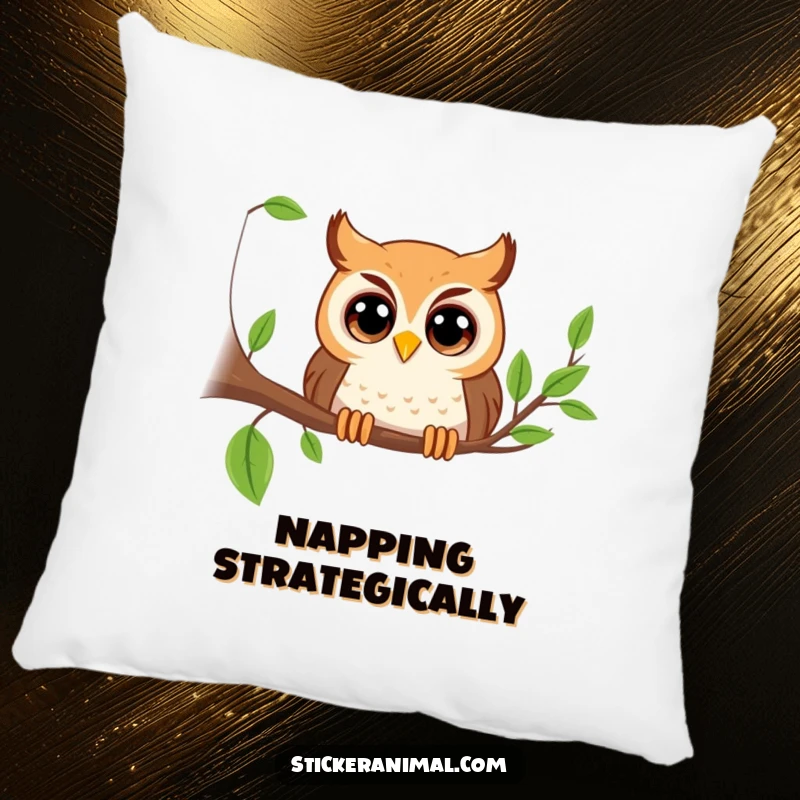 Funny playful owl with big eyes peeking from a branch on a pillow, offering cozy comfort and whimsical humor, perfect as a funny gift.