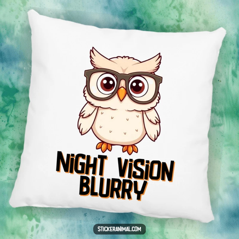 Funny owl character wearing large spectacles and looking surprised, depicted on a soft pillow for a humorous accent.