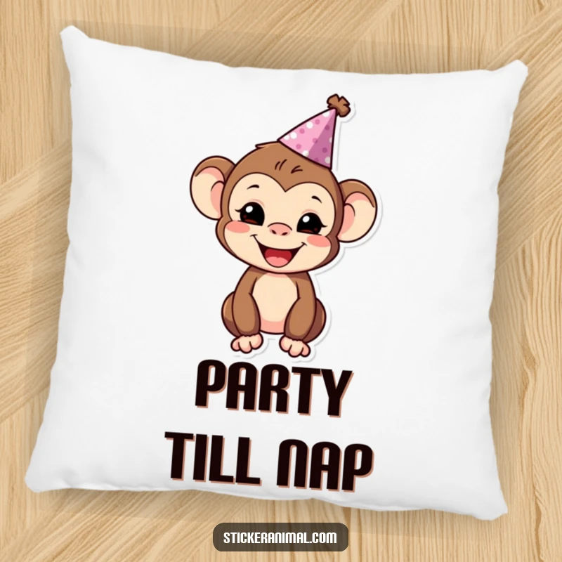 Funny monkey character in a party hat, resting happily on a decorative pillow.