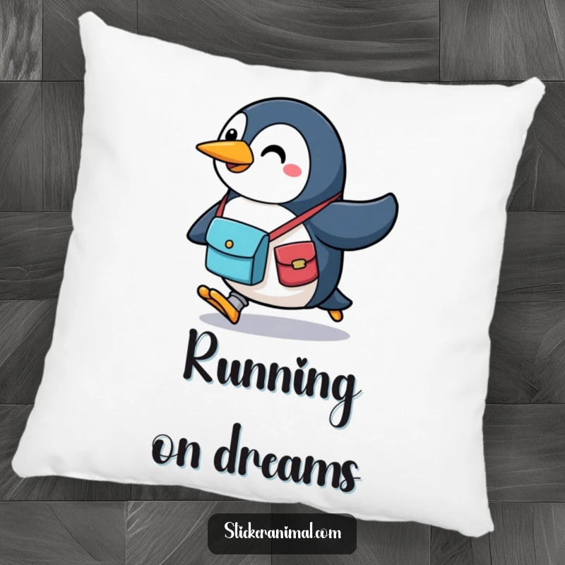 Funny penguin pillow featuring a cheerful character wearing a messenger bag and running, offering plush comfort and a touch of playful charm.