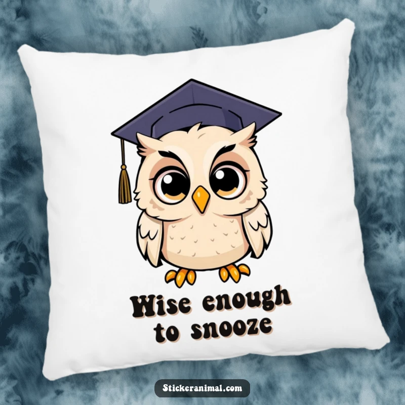 Funny pillow showing a very surprised owl wearing a graduation cap, bringing comfort and a chuckle.