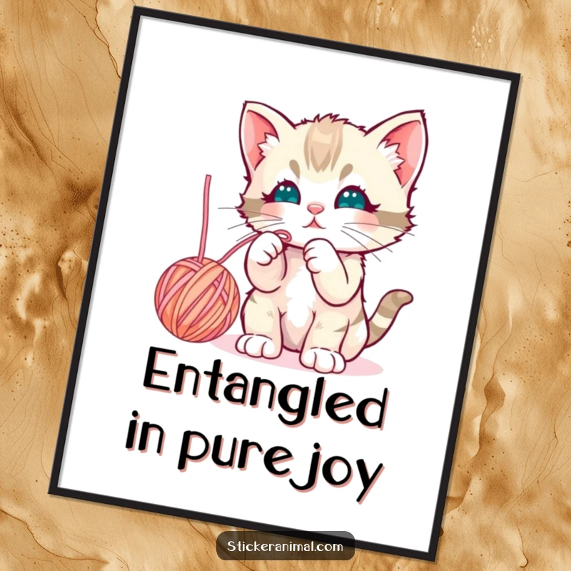 Funny curious kitten batting playfully at a dangling yarn ball, presented as a high-resolution digital art print for download.