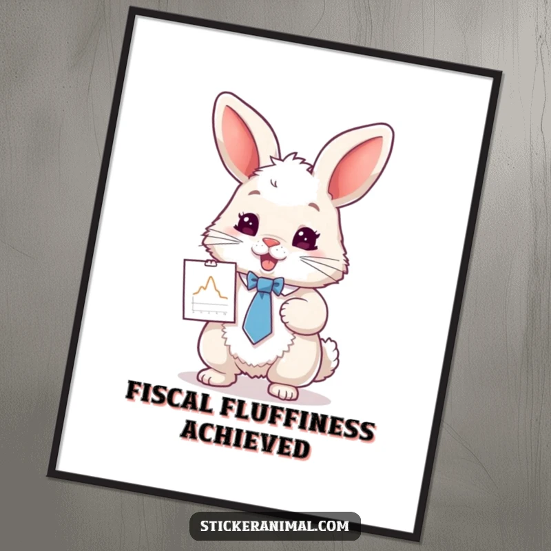 Funny digital art print of a fluffy rabbit in a tie, enthusiastically presenting a tiny graph, perfect for instant humorous decor.
