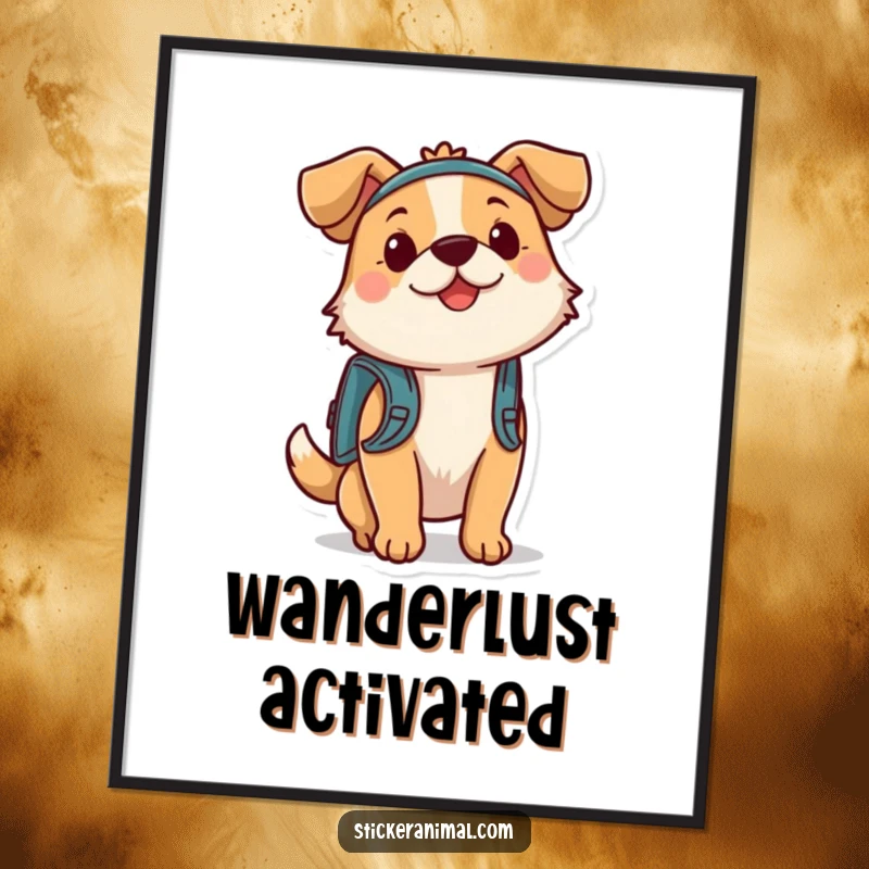Funny digital art print of a dog character with a backpack, full of zest for adventure. High-quality printable decor.