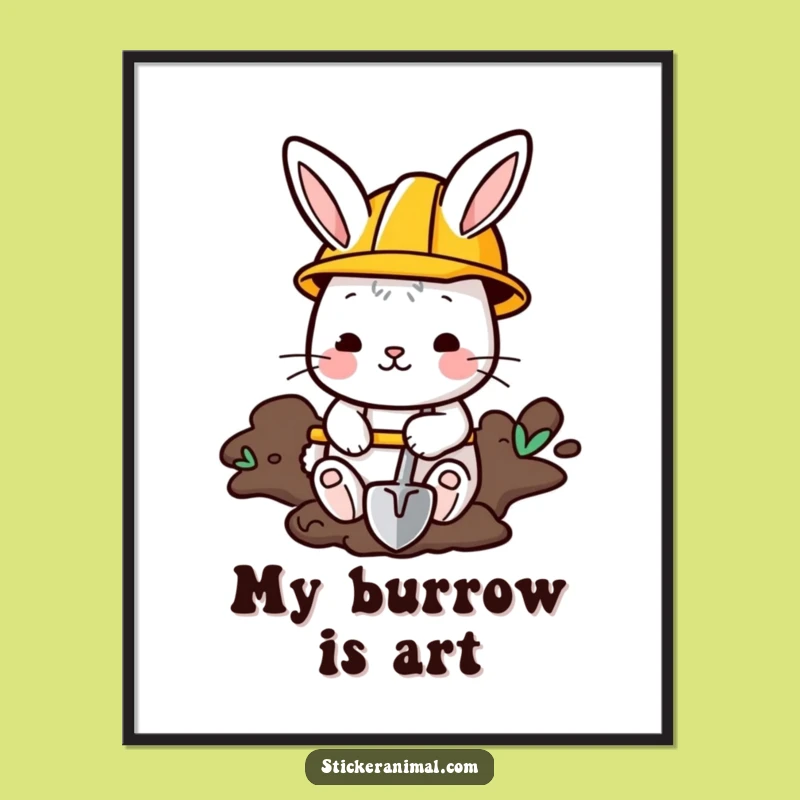 Funny Bunny Art Print: Construction Critter Digging, Instant Download Gift
