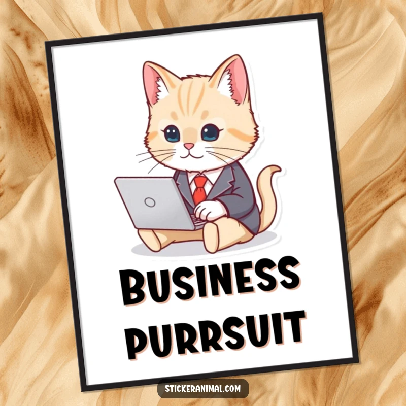 Funny digital art print of a cute cat in a business suit, typing on a laptop, adding instant office humor.