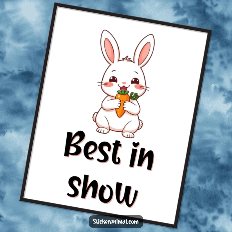 Funny digital art print of a happy rabbit holding a tiny carrot trophy, symbolizing celebration and achievement.