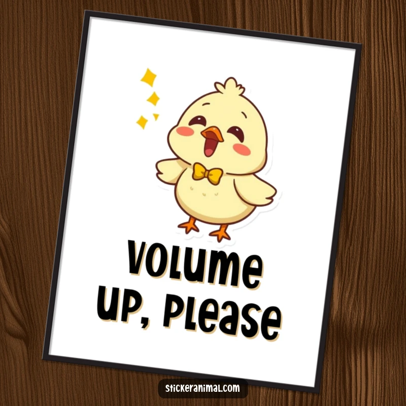 Funny digital art print of a chick character with a bow, singing loudly with musical notes. High-quality printable decor.