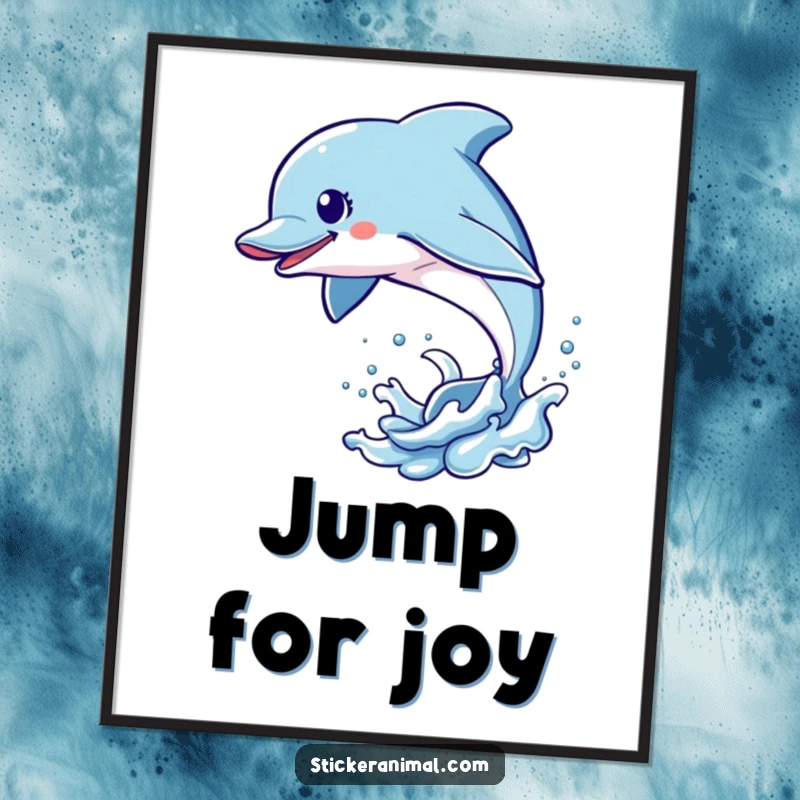 Funny Dolphin Leap Digital Art Print of an energetic dolphin character leaping out of the water, perfect for vibrant, humorous wall decor.
