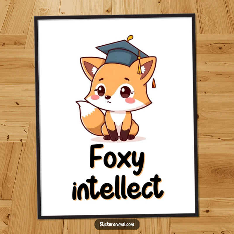 Funny digital art print of a cute fox character in a graduation cap, gleefully tossing it up in a celebration of success.