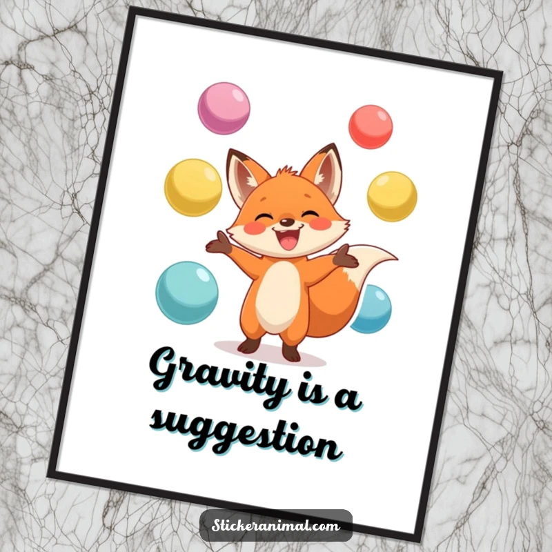Funny digital art print of a fox with a big grin, skillfully juggling oversized colorful balls, bringing playful energy to any room.