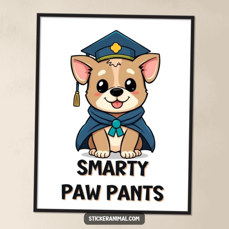 Funny digital art print of a winking dog wearing a graduation cap and academic robe, conveying intelligence and celebratory joy.