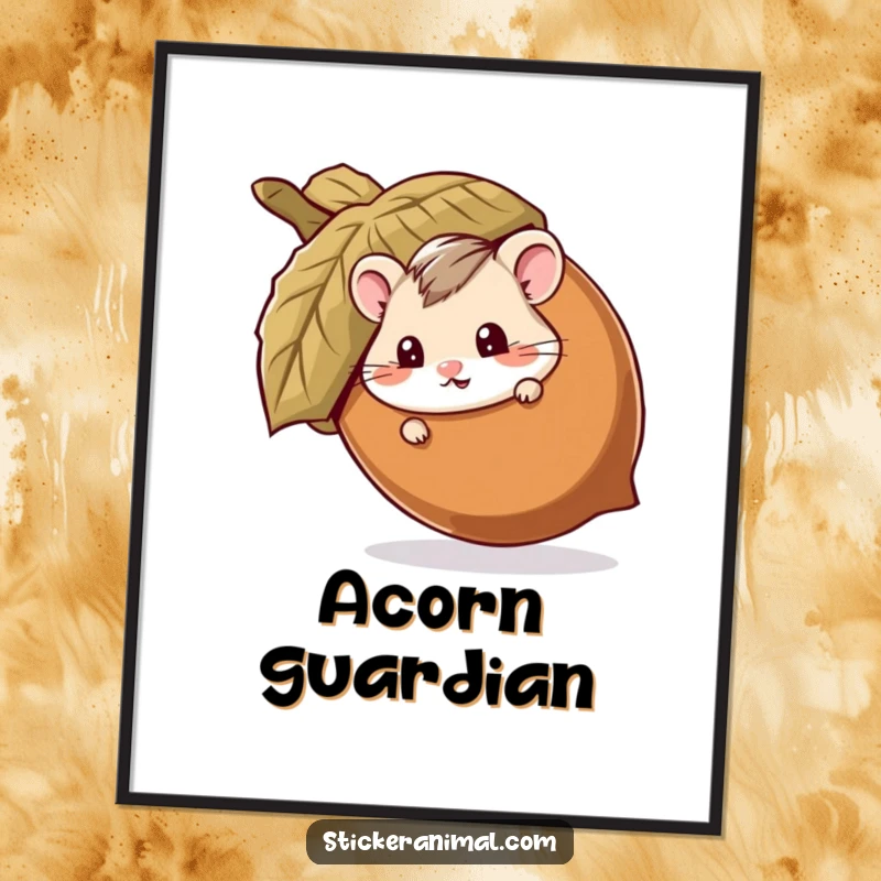 Funny digital art print of a mischievous hamster peeking out from behind a giant acorn, creating a humorous and playful scene.