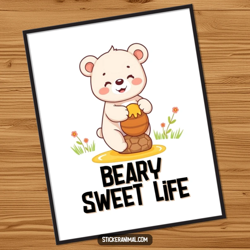 Funny digital art print of a happy bear cub balancing a pot of honey, representing sweetness and joy.