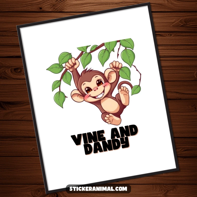 Funny Monkey Swinging Digital Art Print of a mischievous monkey character swinging from a vine with a grin, perfect for lively, humorous decor.
